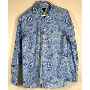 Talbots Womens Medium Top Blue Floral Jacobean Cotton Long Sleeve Button Up
